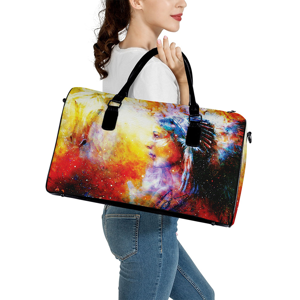 Galaxy Native Indian Woman Print Leather Duffle Bag