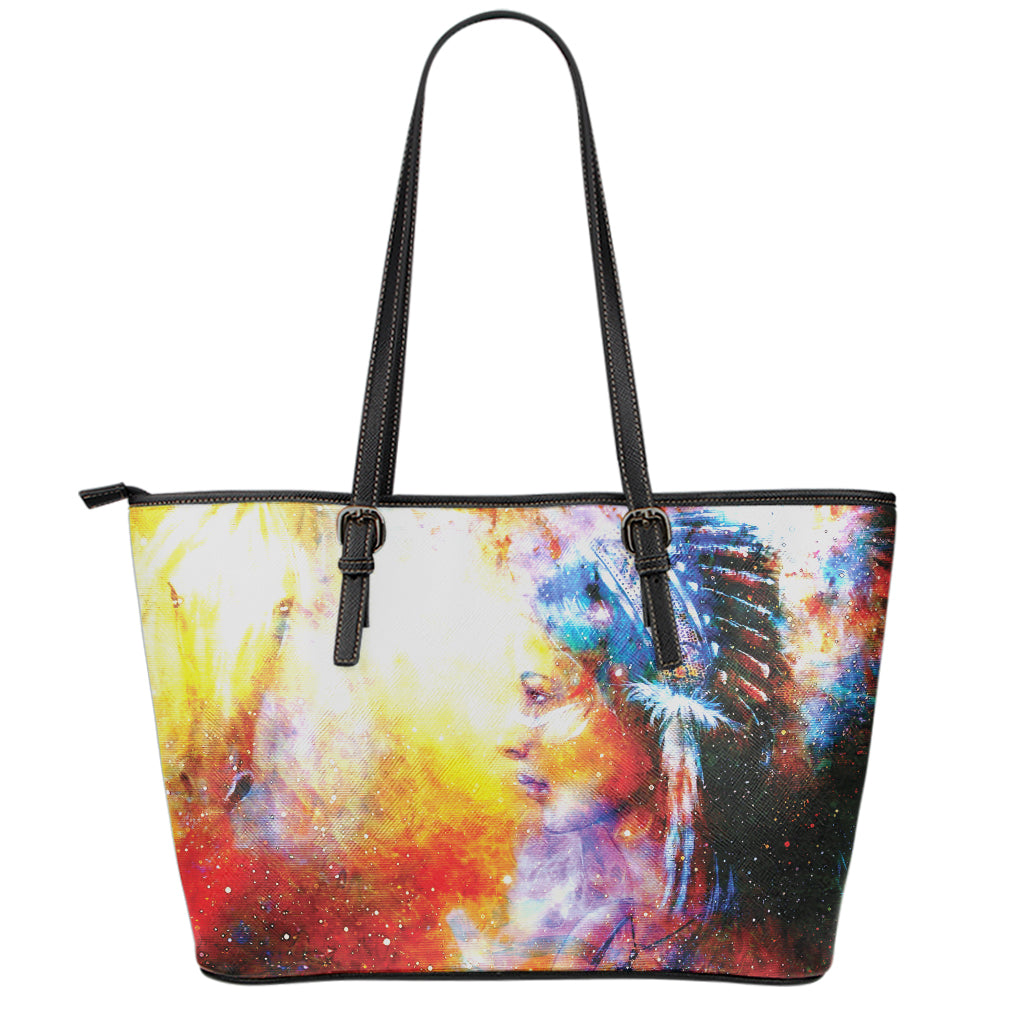 Galaxy Native Indian Woman Print Leather Tote Bag