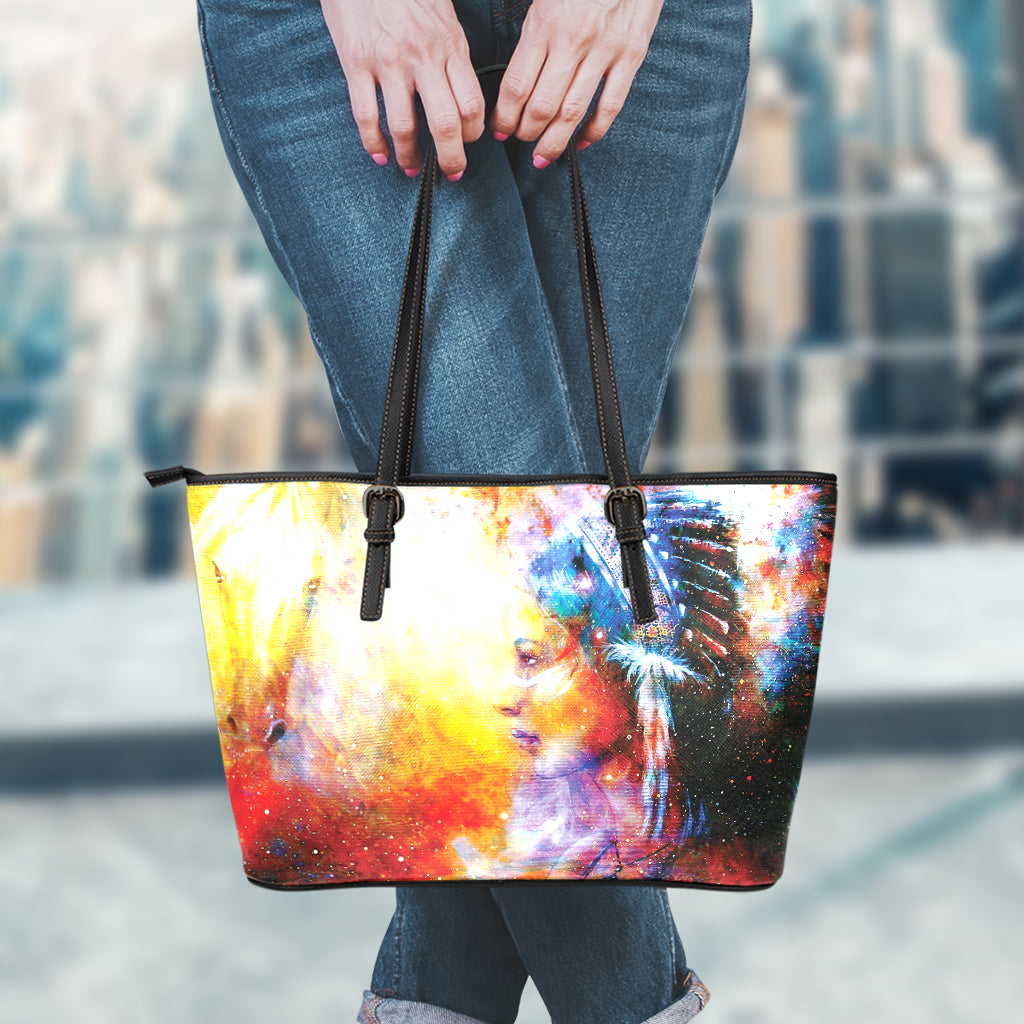 Galaxy Native Indian Woman Print Leather Tote Bag