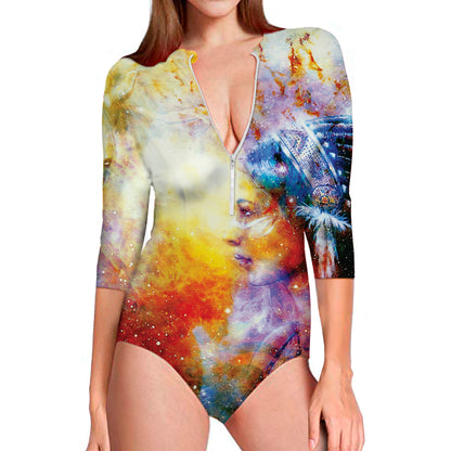 Galaxy Native Indian Woman Print Long Sleeve Swimsuit