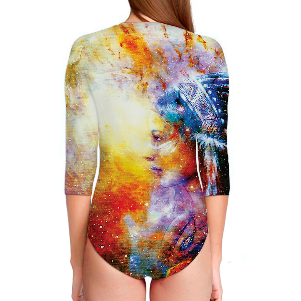 Galaxy Native Indian Woman Print Long Sleeve Swimsuit