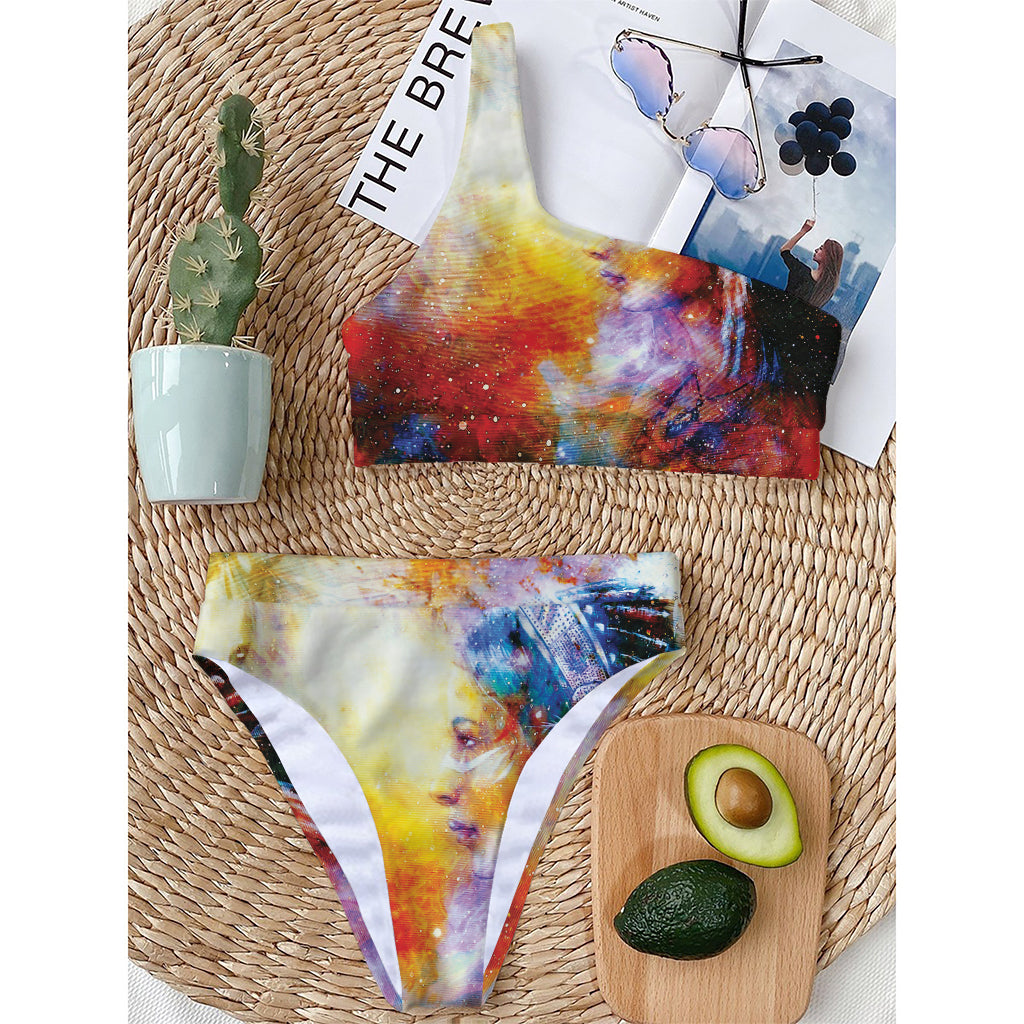 Galaxy Native Indian Woman Print One Shoulder Bikini Top