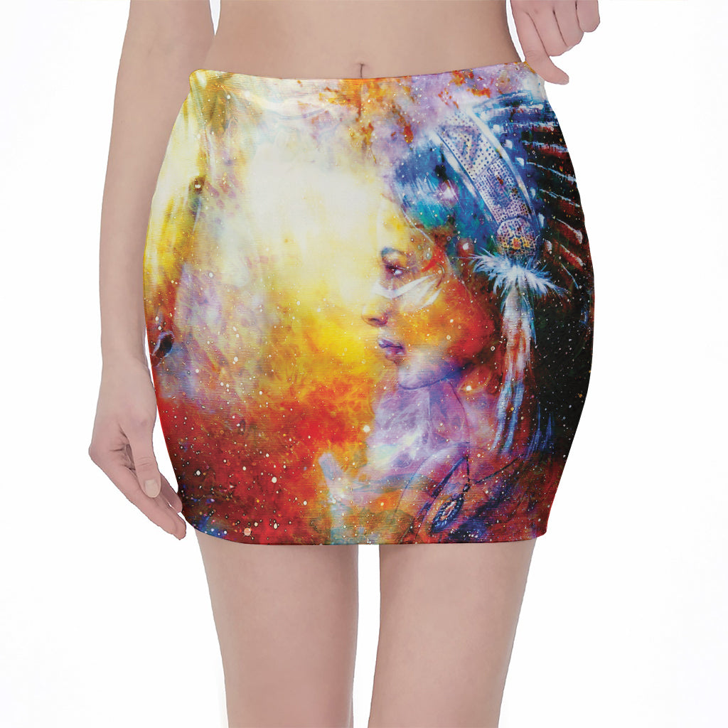 Galaxy Native Indian Woman Print Pencil Mini Skirt