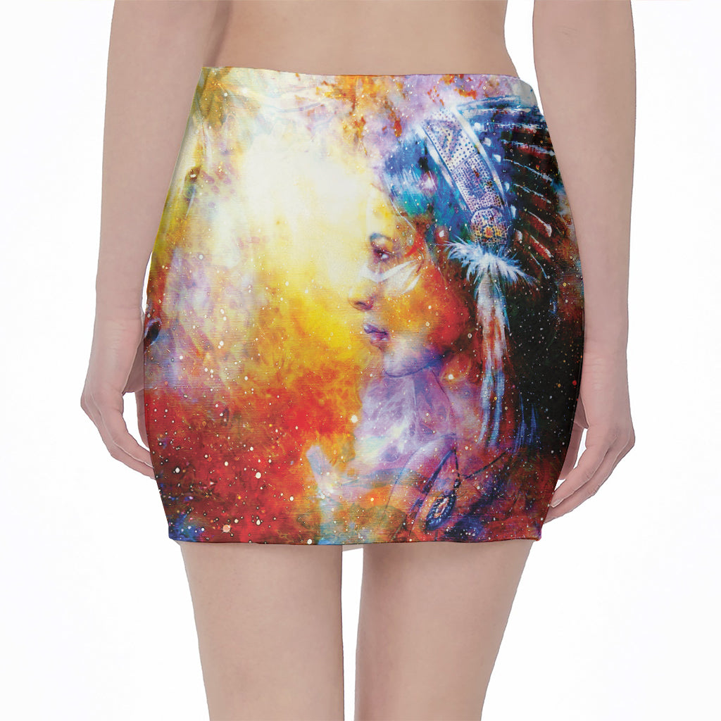 Galaxy Native Indian Woman Print Pencil Mini Skirt