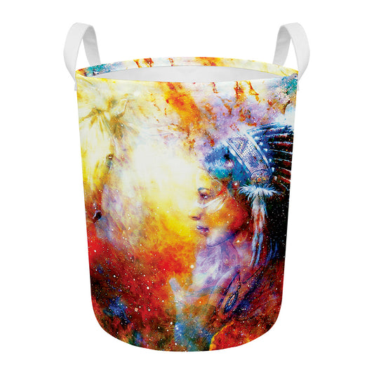 Galaxy Native Indian Woman Print Round Laundry Basket