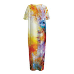 Galaxy Native Indian Woman Print Short Sleeve Long Nightdress