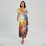 Galaxy Native Indian Woman Print Short Sleeve Maxi Dress