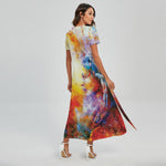 Galaxy Native Indian Woman Print Short Sleeve Maxi Dress