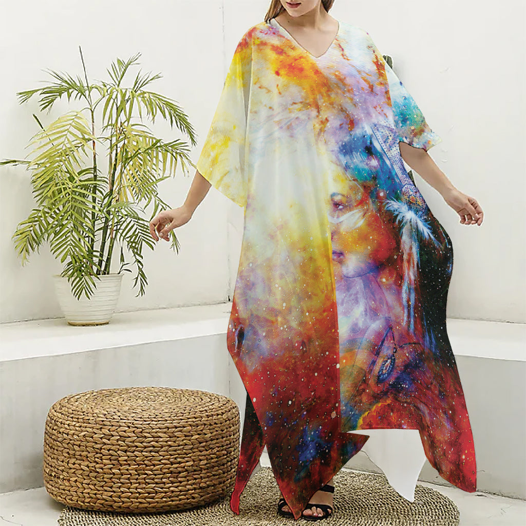 Galaxy Native Indian Woman Print Silk V-Neck Kaftan Dress
