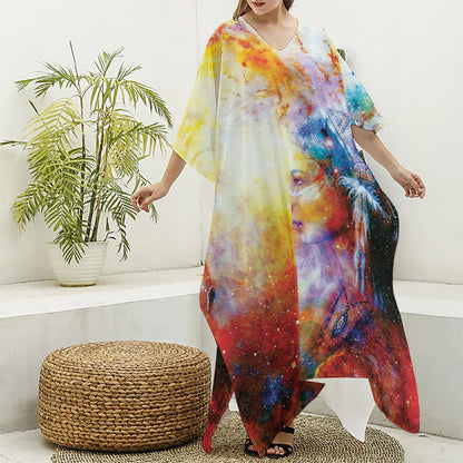 Galaxy Native Indian Woman Print Silk V-Neck Kaftan Dress