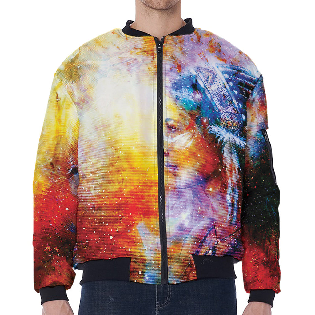 Galaxy Native Indian Woman Print Zip Sleeve Bomber Jacket