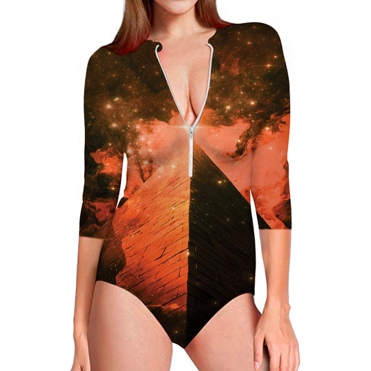 Galaxy Pyramid Print Long Sleeve Swimsuit