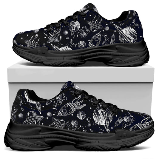 Galaxy UFO Pattern Print Black Chunky Shoes