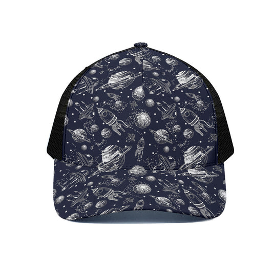 Galaxy UFO Pattern Print Black Mesh Trucker Cap