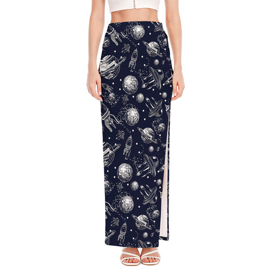 Galaxy UFO Pattern Print High Slit Maxi Skirt