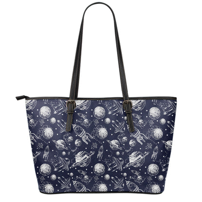 Galaxy UFO Pattern Print Leather Tote Bag