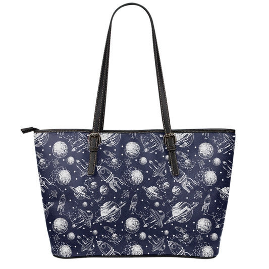 Galaxy UFO Pattern Print Leather Tote Bag