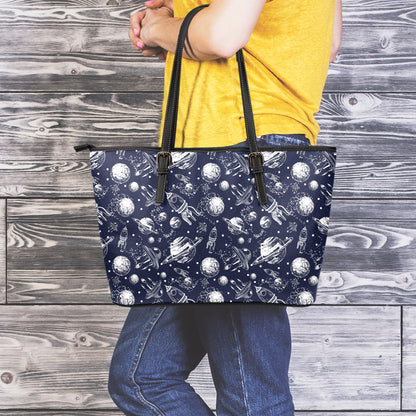 Galaxy UFO Pattern Print Leather Tote Bag