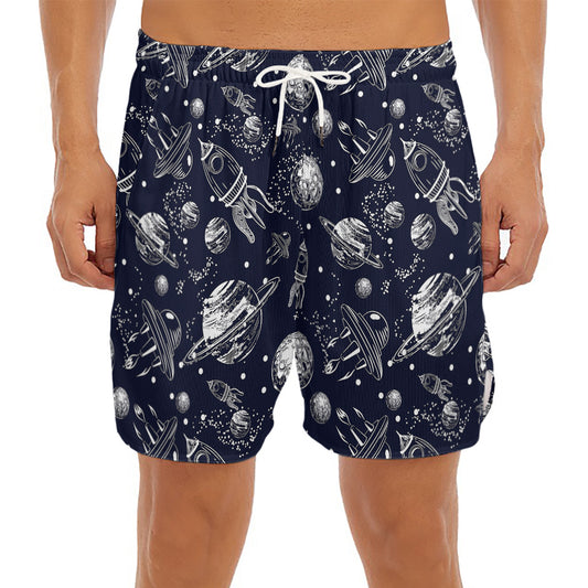 Galaxy UFO Pattern Print Men's Split Running Shorts