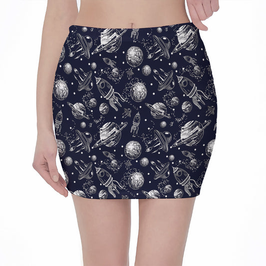 Galaxy UFO Pattern Print Pencil Mini Skirt