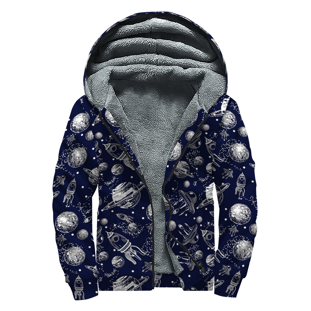 Galaxy UFO Pattern Print Sherpa Lined Zip Up Hoodie