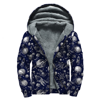 Galaxy UFO Pattern Print Sherpa Lined Zip Up Hoodie