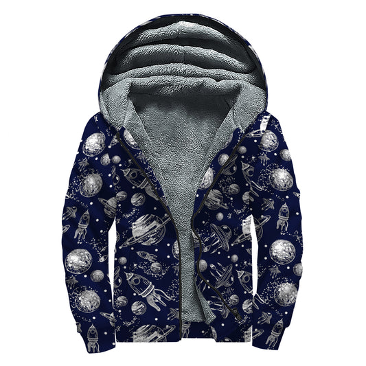 Galaxy UFO Pattern Print Sherpa Lined Zip Up Hoodie