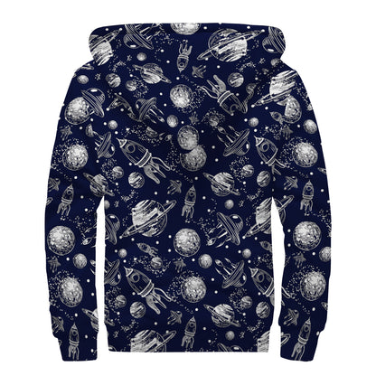 Galaxy UFO Pattern Print Sherpa Lined Zip Up Hoodie