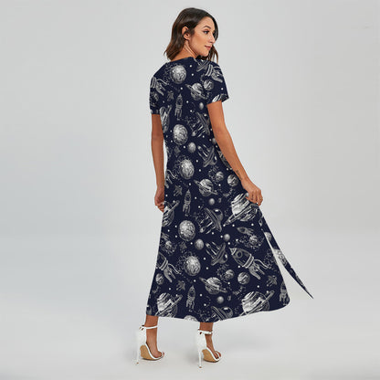 Galaxy UFO Pattern Print Short Sleeve Maxi Dress