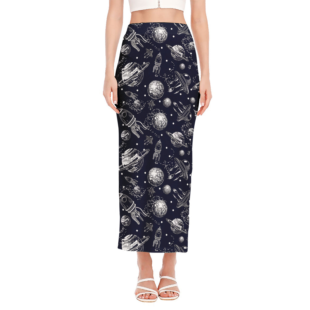 Galaxy UFO Pattern Print Side Slit Maxi Skirt