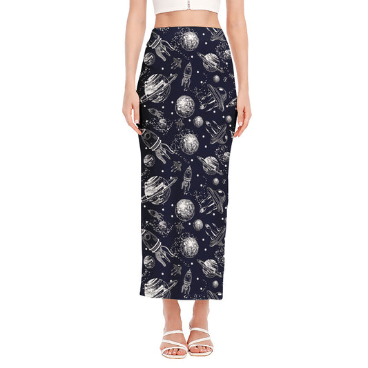Galaxy UFO Pattern Print Side Slit Maxi Skirt
