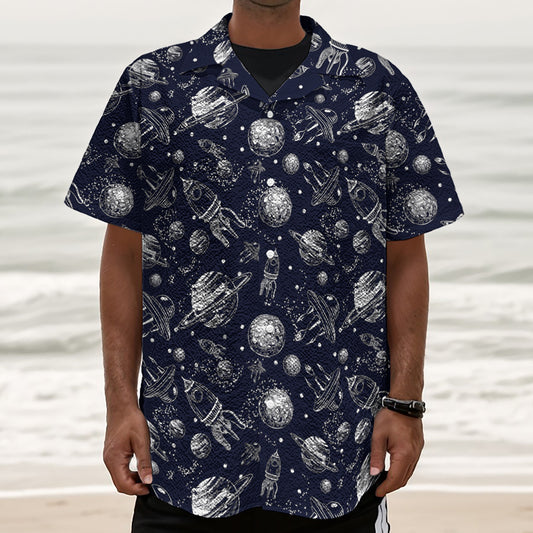 Galaxy UFO Pattern Print Textured Short Sleeve Shirt