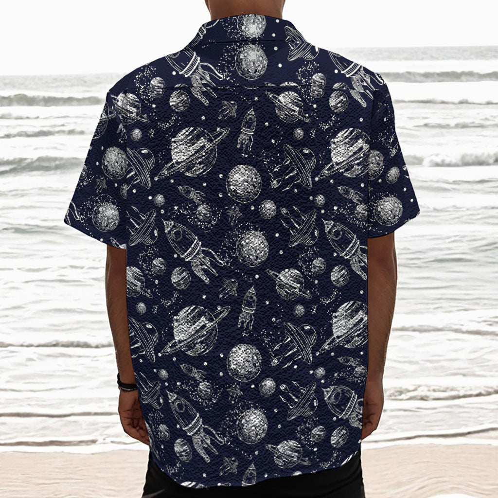 Galaxy UFO Pattern Print Textured Short Sleeve Shirt