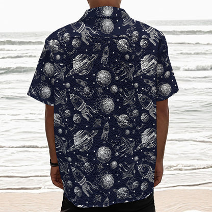 Galaxy UFO Pattern Print Textured Short Sleeve Shirt