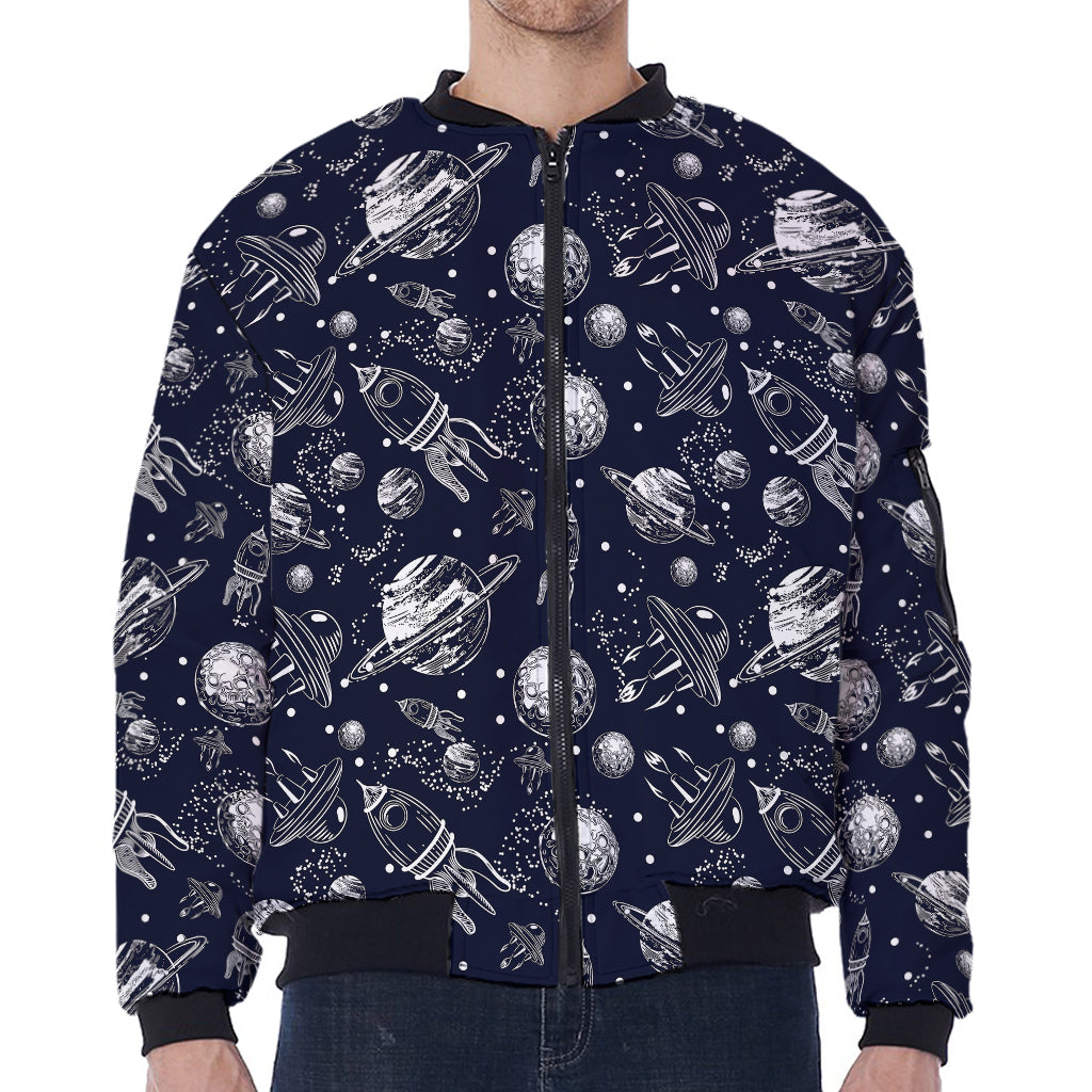 Galaxy UFO Pattern Print Zip Sleeve Bomber Jacket