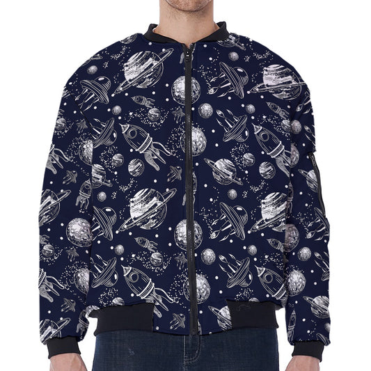 Galaxy UFO Pattern Print Zip Sleeve Bomber Jacket