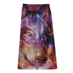 Galaxy Wolf Portrait Print Cotton Front Slit Maxi Skirt