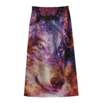 Galaxy Wolf Portrait Print Cotton Front Slit Maxi Skirt