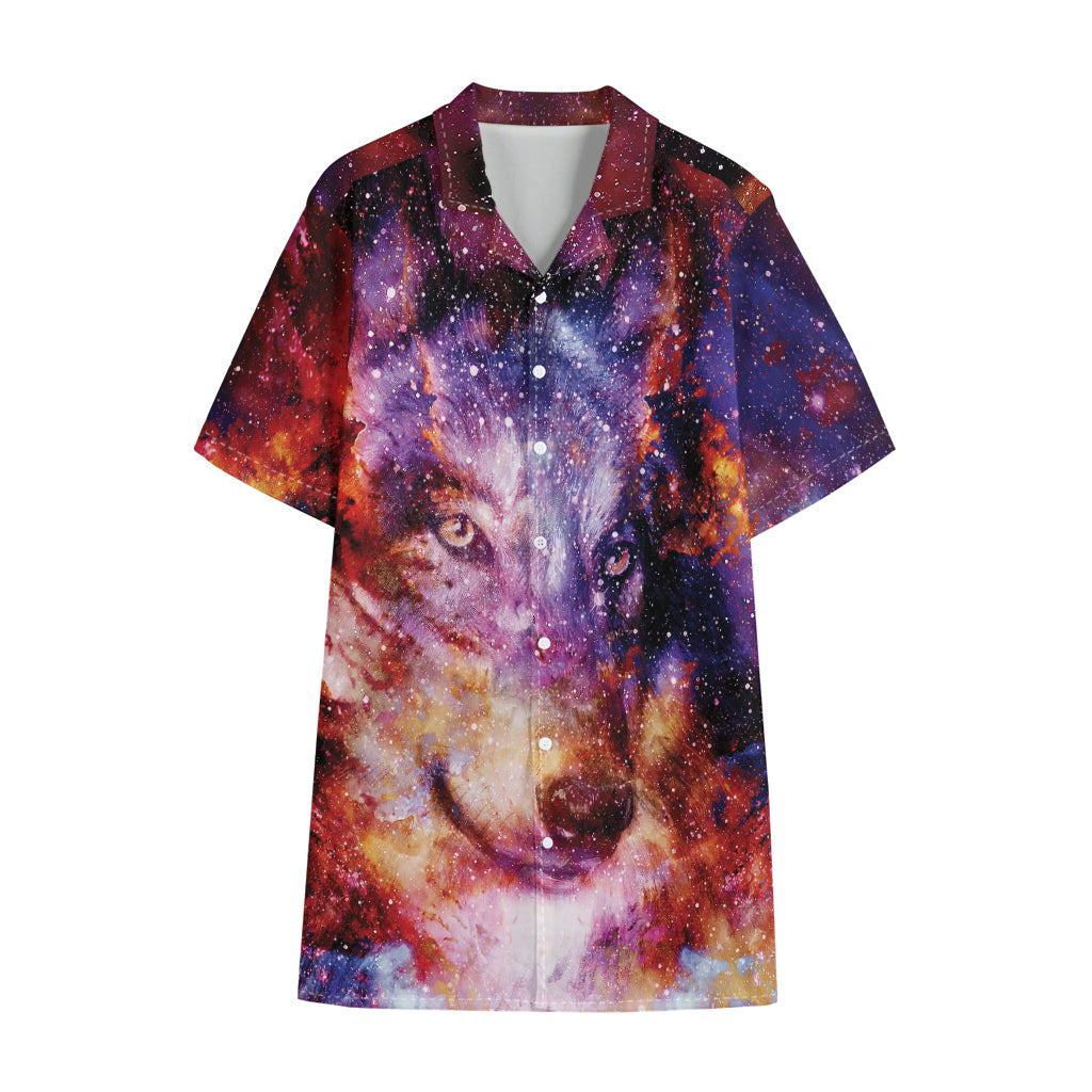 Galaxy Wolf Portrait Print Cotton Hawaiian Shirt