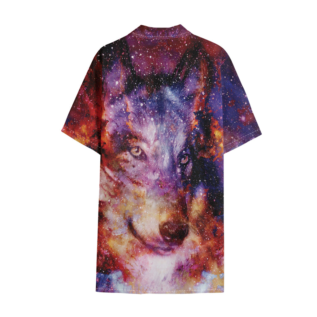 Galaxy Wolf Portrait Print Cotton Hawaiian Shirt
