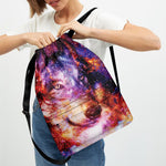 Galaxy Wolf Portrait Print Drawstring Backpack