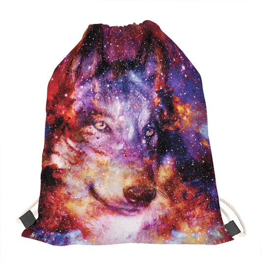 Galaxy Wolf Portrait Print Drawstring Bag