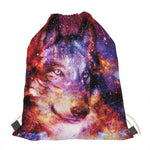 Galaxy Wolf Portrait Print Drawstring Bag