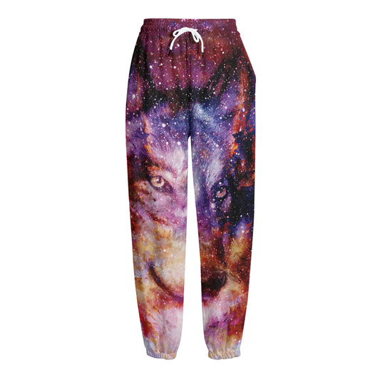 Galaxy Wolf Portrait Print Fleece Lined Knit Pants