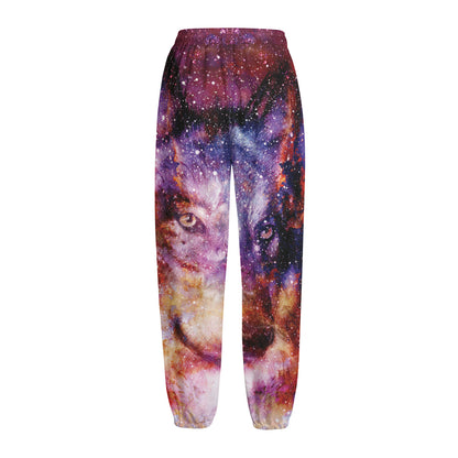 Galaxy Wolf Portrait Print Fleece Lined Knit Pants