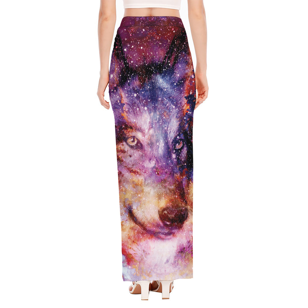 Galaxy Wolf Portrait Print High Slit Maxi Skirt