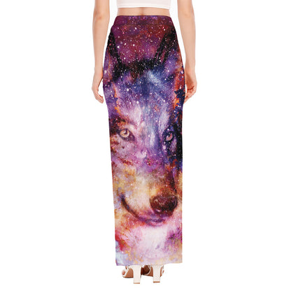 Galaxy Wolf Portrait Print High Slit Maxi Skirt