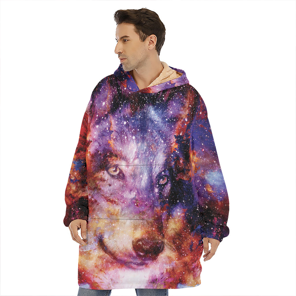 Galaxy Wolf Portrait Print Hoodie Blanket