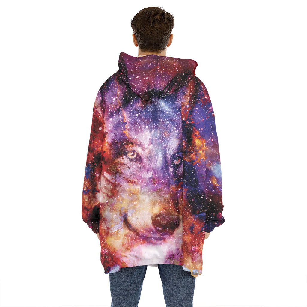 Galaxy Wolf Portrait Print Hoodie Blanket