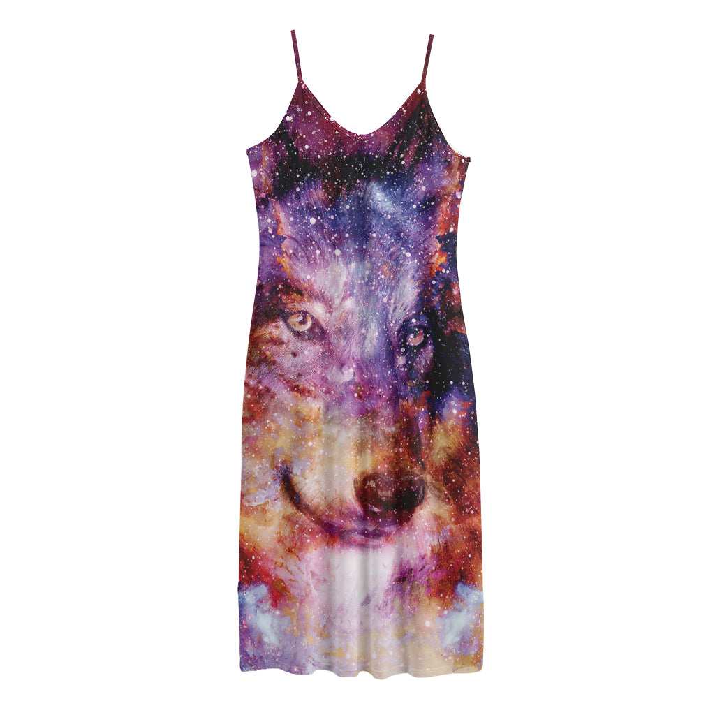 Galaxy Wolf Portrait Print Jersey Midi Cami Dress